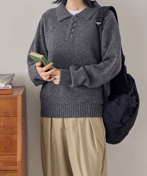 CHAN ME(チャンミ)の「ポロデザインネップニット(ニット/セーター・レディース・ホワイト/チャコールグレー/カーキ・MEDIUM/LARGE/X-LARGE)」の3枚目の写真