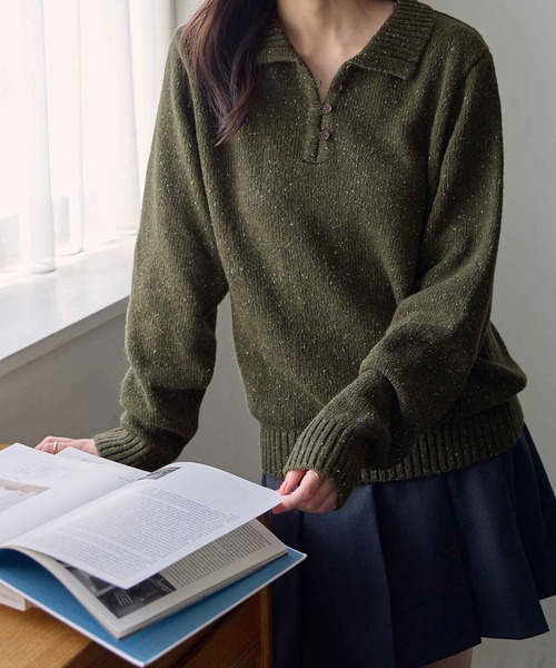 CHAN ME(チャンミ)の「ポロデザインネップニット(ニット/セーター・レディース・ホワイト/チャコールグレー/カーキ・MEDIUM/LARGE/X-LARGE)」の14枚目の写真