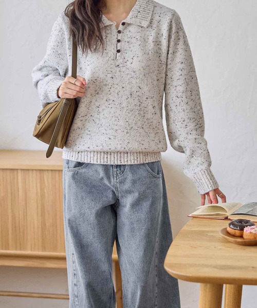 CHAN ME(チャンミ)の「ポロデザインネップニット(ニット/セーター・レディース・ホワイト/チャコールグレー/カーキ・MEDIUM/LARGE/X-LARGE)」の9枚目の写真