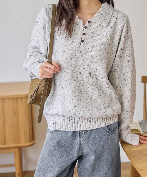 CHAN ME(チャンミ)の「ポロデザインネップニット(ニット/セーター・レディース・ホワイト/チャコールグレー/カーキ・MEDIUM/LARGE/X-LARGE)」の4枚目の写真