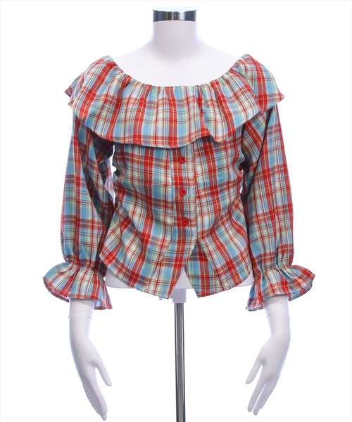 clear（クリア）の「チェック柄オフショル長袖ブラウス［韓国ファッション カジュアル］≪AW新作≫（シャツ/ブラウス・レディース・ブラウン/レッド/ネイビー・F）」の14枚目の写真