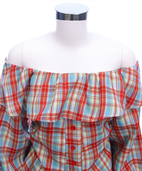 clear（クリア）の「チェック柄オフショル長袖ブラウス［韓国ファッション カジュアル］≪AW新作≫（シャツ/ブラウス・レディース・ブラウン/レッド/ネイビー・F）」の15枚目の写真