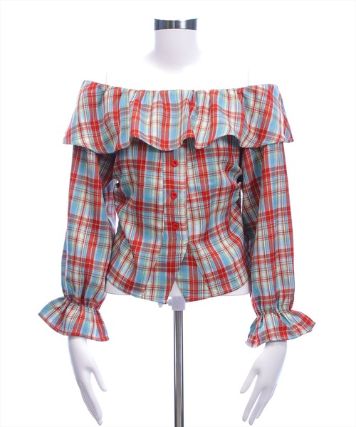 clear（クリア）の「チェック柄オフショル長袖ブラウス［韓国ファッション カジュアル］≪AW新作≫（シャツ/ブラウス・レディース・ブラウン/レッド/ネイビー・F）」の17枚目の写真