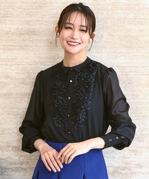 RUIRUE BOUTIQUE（ルイルエブティック）の「洗える ｜ レース 切り替え ウイングカラー ブラウス   ｜ 長袖 シアー トップス シャツ ブラウス（シャツ/ブラウス・レディース）」