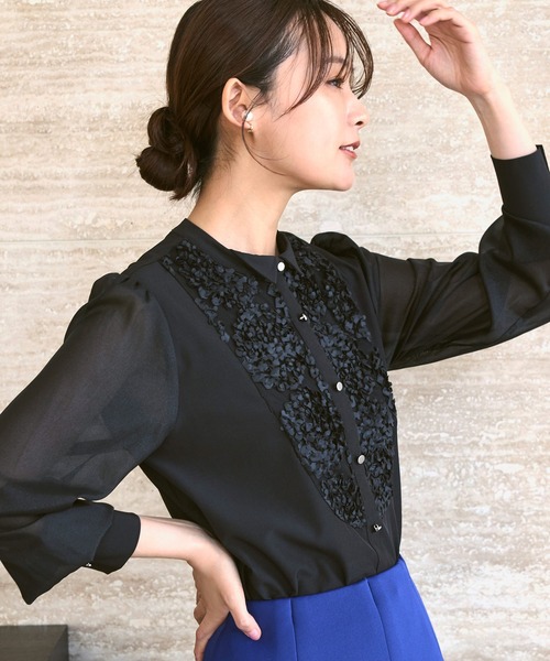 洗える ｜ レース 切り替え ウイングカラー ブラウス ｜ 長袖 シアー