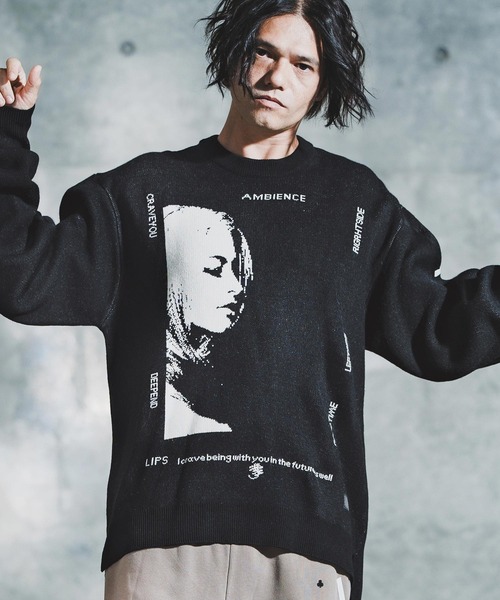 GLIMCLAP(グリムクラップ)の「mn3180-Jacquard Knit with Girl Motif ニット(192-039-gla-cf)(ニット/セーター・メンズ・ブラック/レッド/ミックスグレー/キナリ・S/M/L)」の1枚目の写真