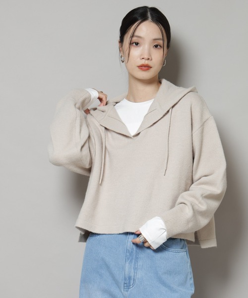 NANO universe（ナノユニバース）の「スキッパーフードニット（ニット/セーター・レディース・グレー/ベージュ/ネイビー・FREE）」の3枚目の写真