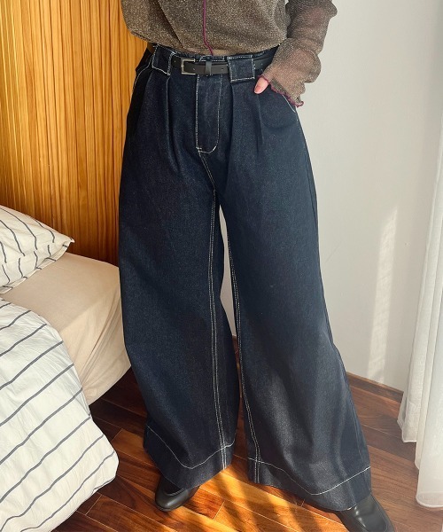 セール】タックデザイン ハイウエストデニムワイドパンツ（デニム