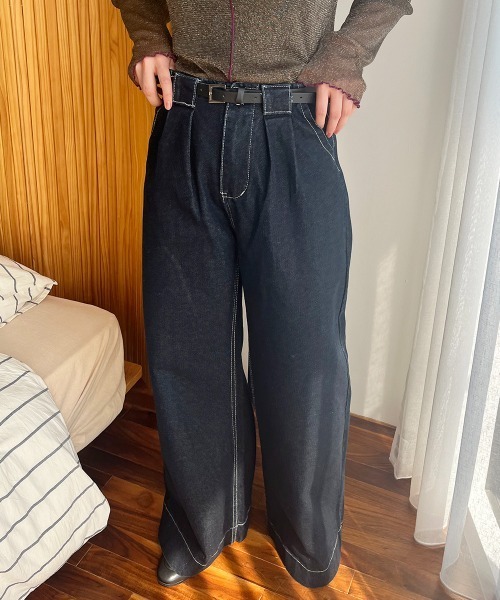 Rejoule(リジュール)の「タックデザイン ハイウエストデニムワイドパンツ(デニムパンツ・レディース・ダークブルー/ライトブルー・S/M)」の7枚目の写真