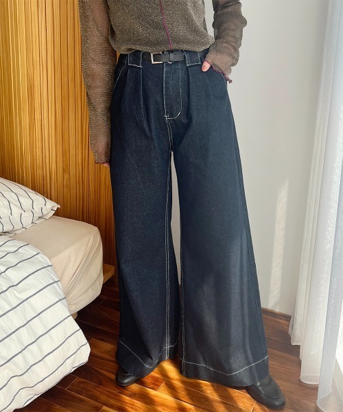セール】タックデザイン ハイウエストデニムワイドパンツ（デニム