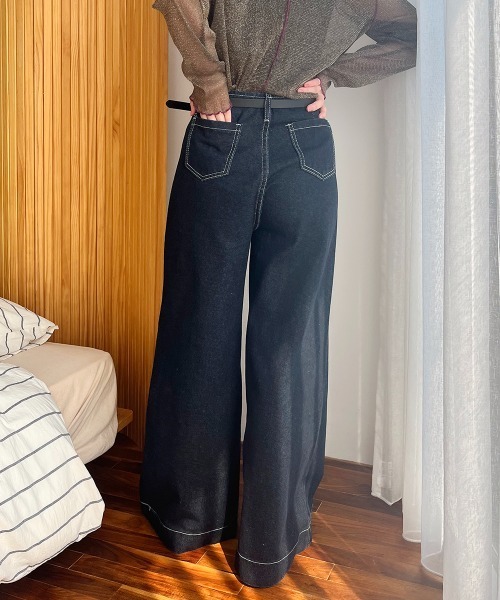 セール】タックデザイン ハイウエストデニムワイドパンツ（デニム