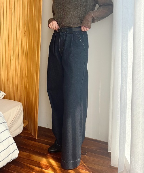 Rejoule(リジュール)の「タックデザイン ハイウエストデニムワイドパンツ(デニムパンツ・レディース・ダークブルー/ライトブルー・S/M)」の9枚目の写真