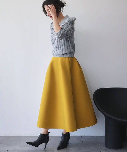 ELFRANK（エルフランク）の「【S～Lサイズ展開】ボンディング タック フレアスカート（スカート・レディース・ブラック/ネイビー/オフホワイト/ピンク/グリーン/マスタード・M/L/S）」の22枚目の写真