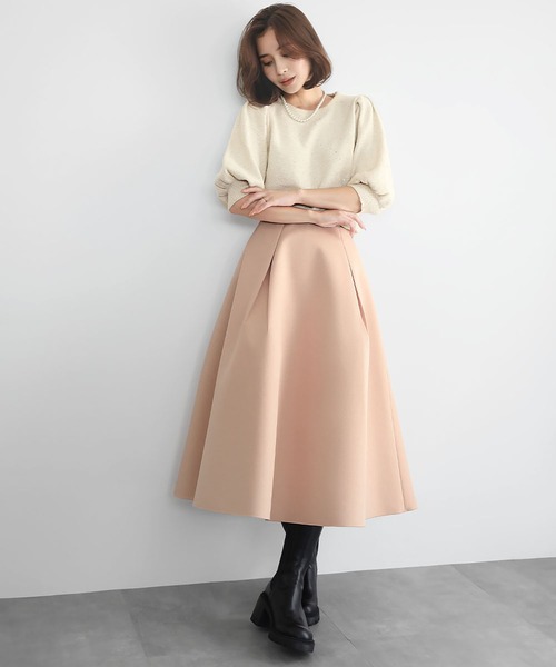 ELFRANK（エルフランク）の「【S～Lサイズ展開】ボンディング タック フレアスカート（スカート・レディース・ブラック/ネイビー/オフホワイト/ピンク/グリーン/マスタード・M/L/S）」の20枚目の写真