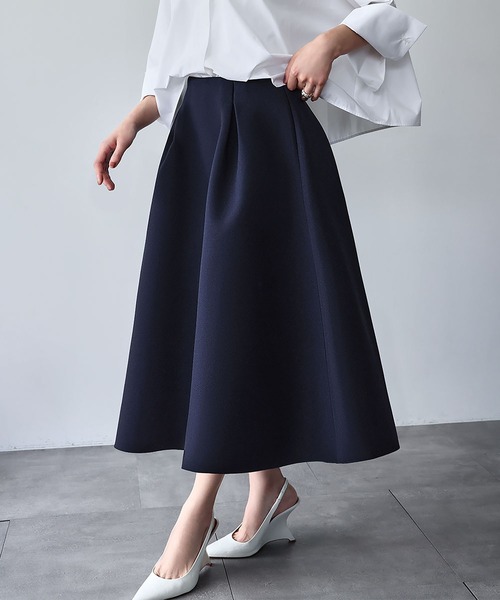 ELFRANK（エルフランク）の「【S～Lサイズ展開】ボンディング タック フレアスカート（スカート・レディース・ブラック/ネイビー/オフホワイト/ピンク/グリーン/マスタード・M/L/S）」の10枚目の写真