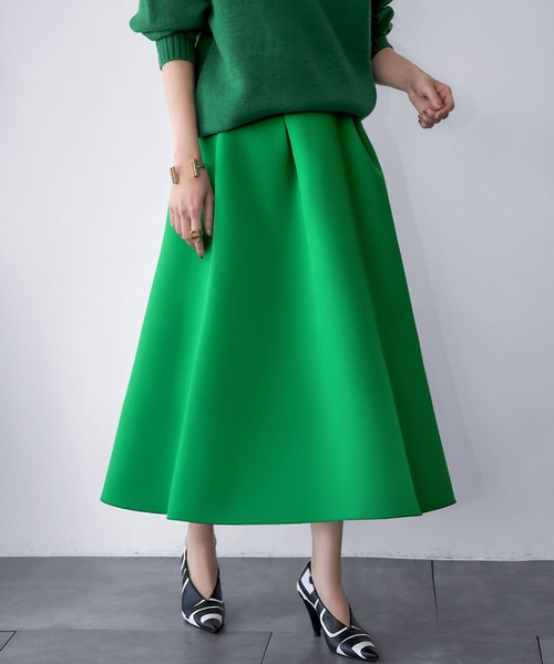ELFRANK（エルフランク）の「【S～Lサイズ展開】ボンディング タック フレアスカート（スカート・レディース・ブラック/ネイビー/オフホワイト/ピンク/グリーン/マスタード・M/L/S）」の7枚目の写真