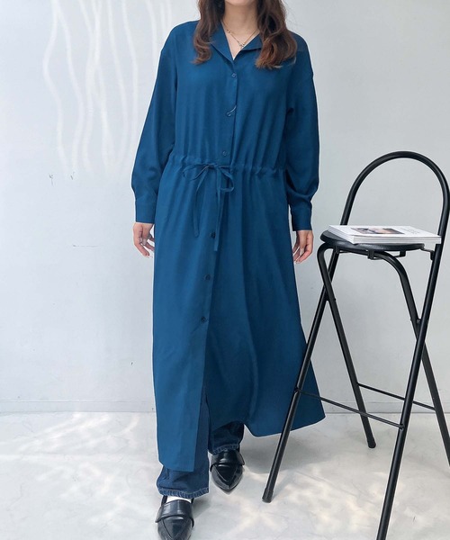 セール】♪ウエストリボン結び 開襟長袖ワンピ―ス（ワンピース）｜AS