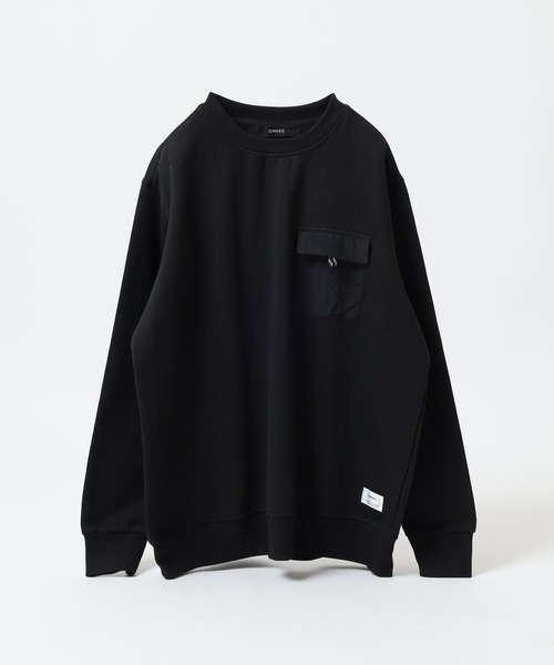 OMNES(オムネス)の「裏起毛フラップポケット付きプルオーバー長袖(Tシャツ/カットソー・メンズ・ブラック/アイボリー/ホワイト×ブラウン/ライトグリーン系・L/M)」の1枚目の写真