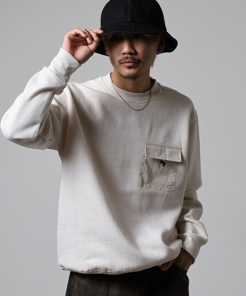 OMNES(オムネス)の「裏起毛フラップポケット付きプルオーバー長袖(Tシャツ/カットソー・メンズ・ブラック/アイボリー/ホワイト×ブラウン/ライトグリーン系・L/M)」の9枚目の写真