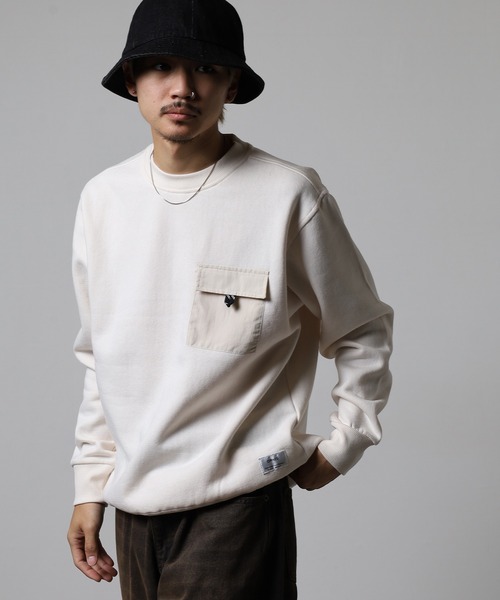 OMNES(オムネス)の「裏起毛フラップポケット付きプルオーバー長袖(Tシャツ/カットソー・メンズ・ブラック/アイボリー/ホワイト×ブラウン/ライトグリーン系・L/M)」の7枚目の写真