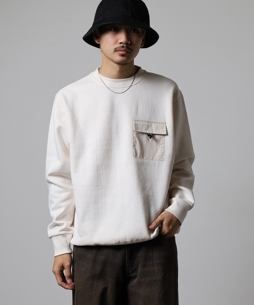OMNES(オムネス)の「裏起毛フラップポケット付きプルオーバー長袖(Tシャツ/カットソー・メンズ・ブラック/アイボリー/ホワイト×ブラウン/ライトグリーン系・L/M)」の8枚目の写真