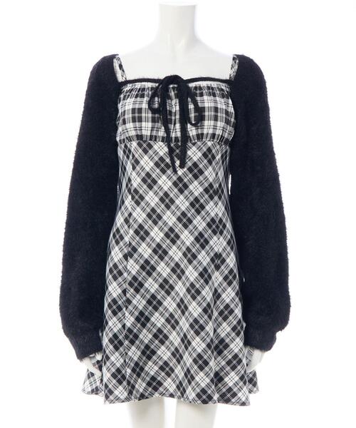 セール】フェザーボレロニット＋チェック柄ミニキャミワンピースセット