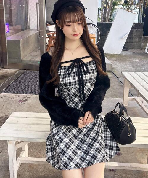 セール】フェザーボレロニット＋チェック柄ミニキャミワンピースセット