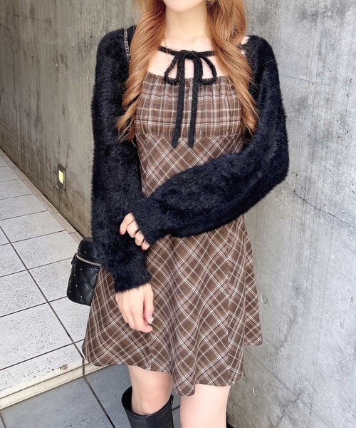 セール】フェザーボレロニット＋チェック柄ミニキャミワンピースセット