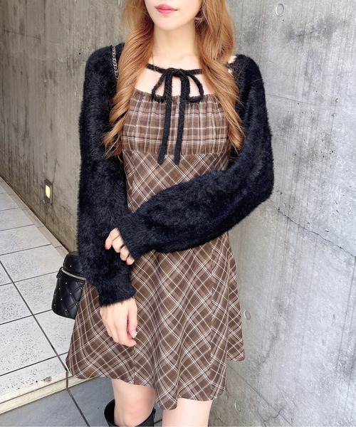 WEB限定】フェザーボレロニット＋チェック柄ミニキャミワンピース