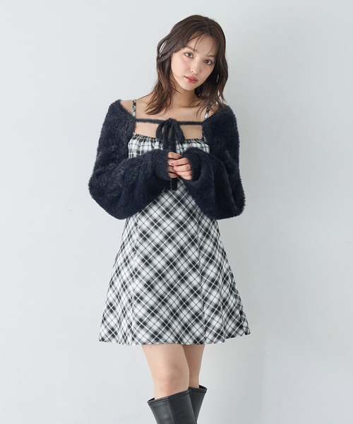 セール】【WEB限定】フェザーボレロニット＋チェック柄ミニキャミ