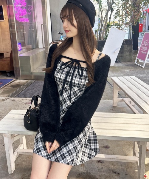 セール】フェザーボレロニット＋チェック柄ミニキャミワンピースセット
