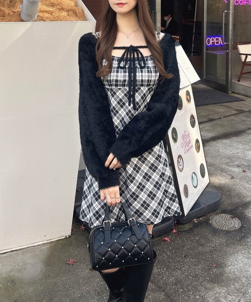 セール】【WEB限定】フェザーボレロニット＋チェック柄ミニキャミ