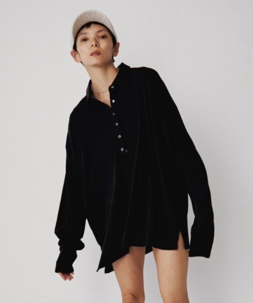 VION（ヴィオン）の「Polo Loose Long Sleeve TEE / ポロルーズロングスリーブティー（ポロシャツ・レディース・ブルー/ダークグレー/ライトグレー/ブラック・FREE）」の2枚目の写真