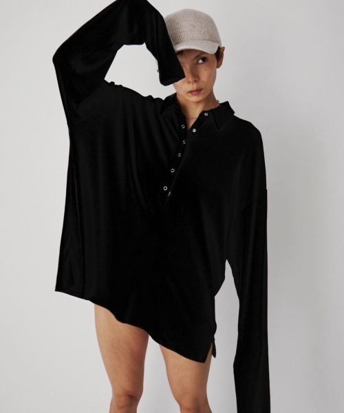 VION（ヴィオン）の「Polo Loose Long Sleeve TEE / ポロルーズロングスリーブティー（ポロシャツ・レディース・ブルー/ダークグレー/ライトグレー/ブラック・FREE）」の6枚目の写真