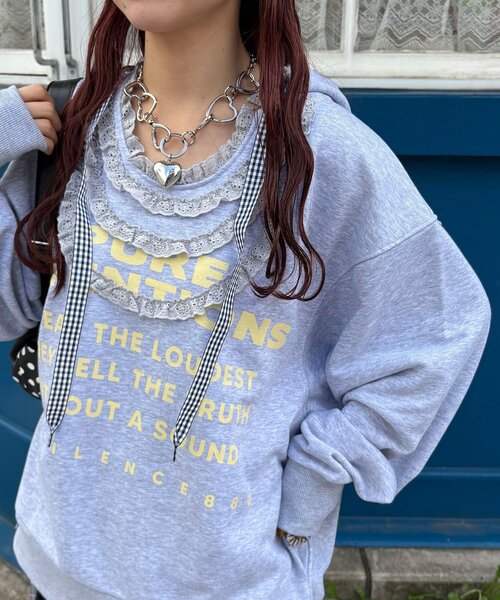 CIAOPANIC（チャオパニック）の「【まるお(@_maruoo0___)企画】レースドッキングプリントフーディ（パーカー・レディース・グレー・FREE）」の5枚目の写真