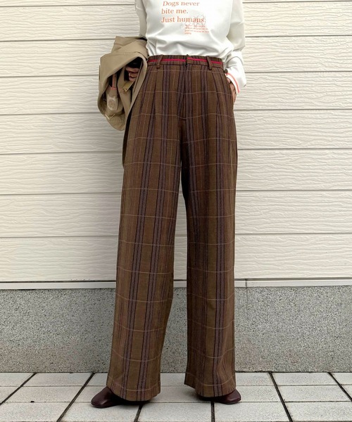 Q（キュー）の「グログランラインチェックパンツ（スラックス・レディース・ベージュ系その他/ブラウン系その他・MEDIUM）」の2枚目の写真