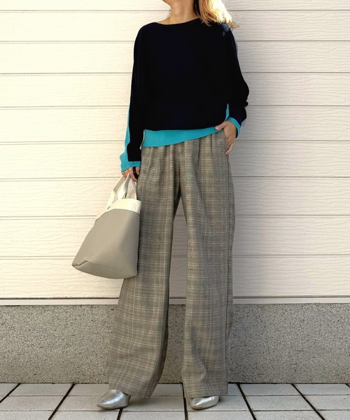 Q（キュー）の「グログランラインチェックパンツ（スラックス・レディース・ベージュ系その他/ブラウン系その他・MEDIUM）」の16枚目の写真