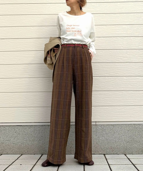 Q（キュー）の「グログランラインチェックパンツ（スラックス・レディース・ベージュ系その他/ブラウン系その他・MEDIUM）」の21枚目の写真