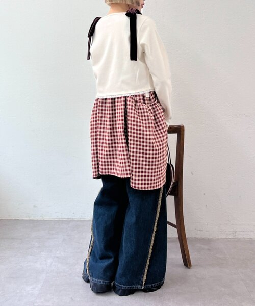 w closet（ダブルクローゼット）の「【長さ調節可能！】肩リボンチェックキャミワンピース（チュニック・レディース・ネイビー/レッド/カーキ/オレンジ・FREE）」の8枚目の写真