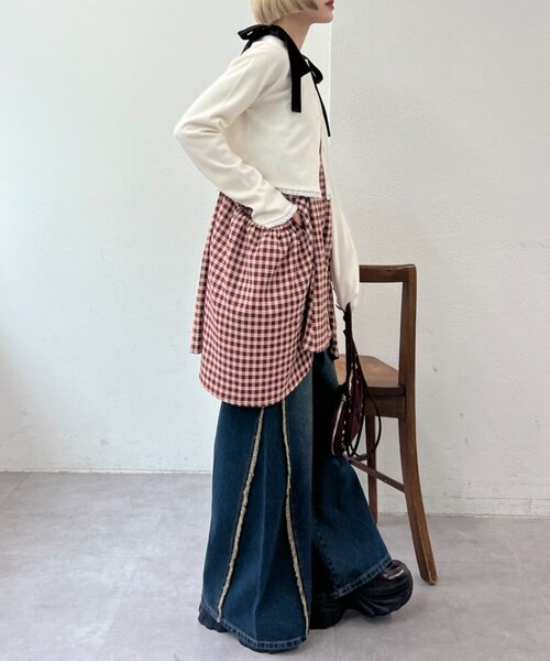 w closet（ダブルクローゼット）の「【長さ調節可能！】肩リボンチェックキャミワンピース（チュニック・レディース・ネイビー/レッド/カーキ/オレンジ・FREE）」の21枚目の写真