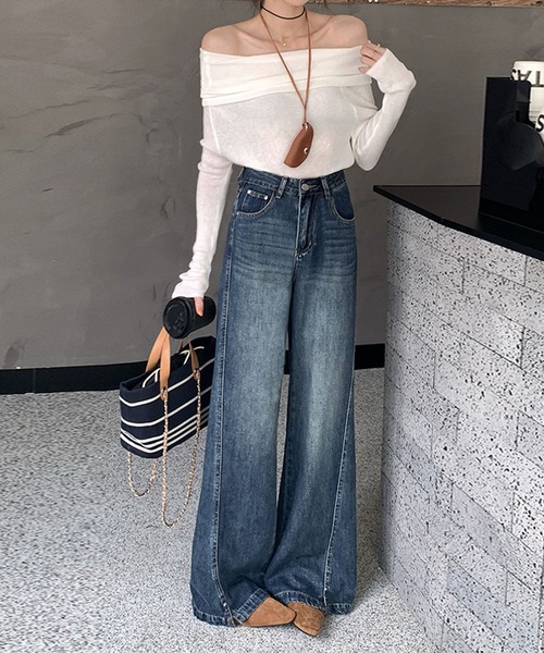 セール】斜め切替スリット ワイドデニムパンツ（デニムパンツ