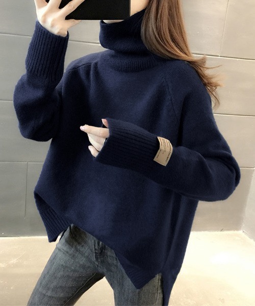 セール】ハイネックサイドスリットニットプルオーバー（ニット