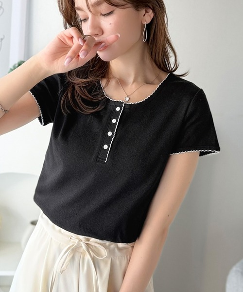 mily bilet（ミウィビレット）の「【mily bilet】飾らないのに、なんだか可愛い。パターンメッシュ素材配色スカラップヘンリーネックTシャツ（半袖）（Tシャツ/カットソー・レディース・ブラック/アイボリー/ブルー・LARGE/MEDIUM/SMALL/X-LARGE）」の8枚目の写真