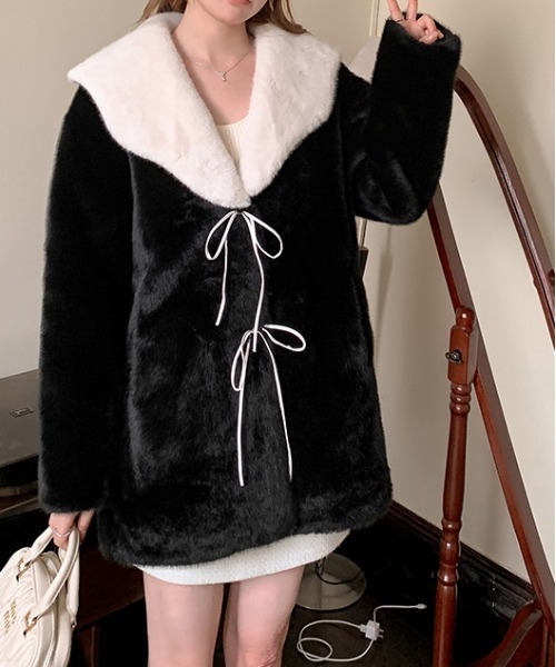 セール】Y2K リボン付きビッグボアカラージャケットファーミドル