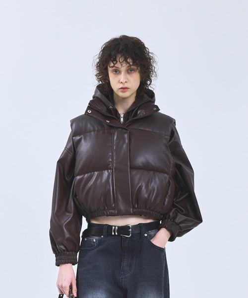 85-VIVA048 ハイネックレザークロップパディングベスト ブラウン