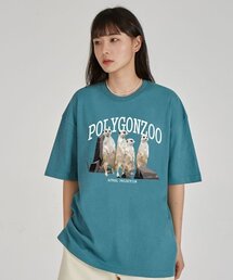 ポリゴンミアキャット ラウンドネック 15番手 綿 半袖Tシャツ_ブルーグリーン