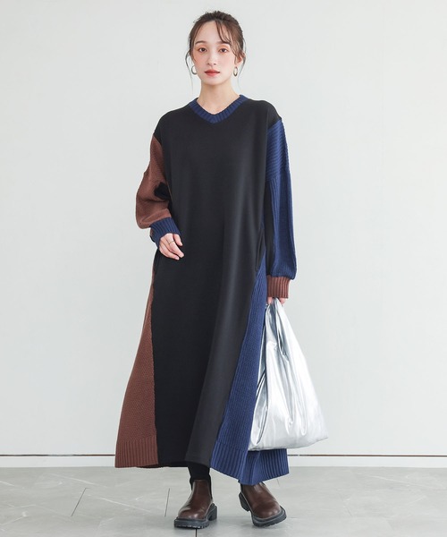 n'OrLABEL(ノアールレーベル)の「裏シャギー異素材ドッキングワンピース(ワンピース・レディース・チャコールグレー/ブラック・FREE)」の1枚目の写真