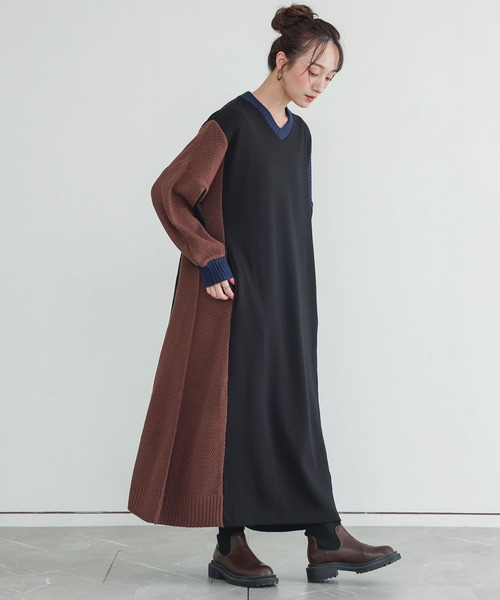 n'OrLABEL(ノアールレーベル)の「裏シャギー異素材ドッキングワンピース(ワンピース・レディース・チャコールグレー/ブラック・FREE)」の6枚目の写真