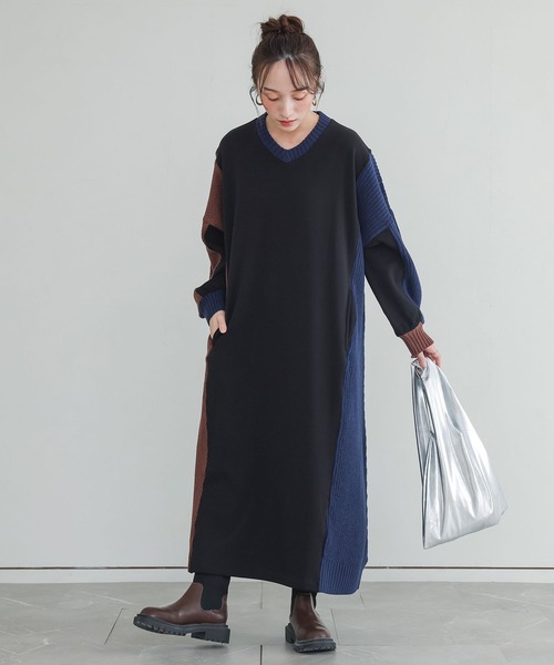 n'OrLABEL(ノアールレーベル)の「裏シャギー異素材ドッキングワンピース(ワンピース・レディース・チャコールグレー/ブラック・FREE)」の5枚目の写真