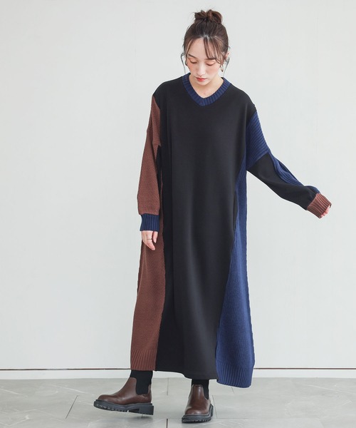 n'OrLABEL(ノアールレーベル)の「裏シャギー異素材ドッキングワンピース(ワンピース・レディース・チャコールグレー/ブラック・FREE)」の4枚目の写真
